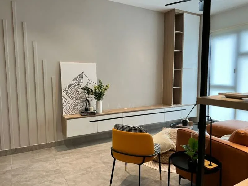 Living features: grey painted walls, light grey floor tiles, built-in wall shelf, white low-profile media console, decorative artwork with mountain design, yellow accent chair, orange sofa, black floor lamp, potted plant, textured wall paneling, large windows with sheer curtains; style: modern.