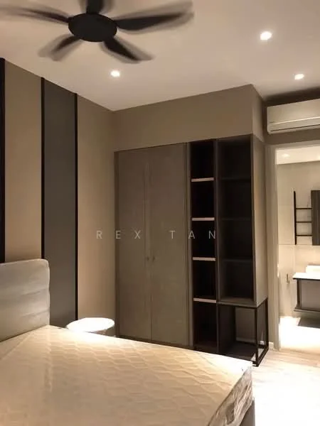 Bedroom features: queen-size bed, upholstered headboard, built-in wardrobe with sliding doors, open shelving unit, recessed downlights, 5-blade ceiling fan, cream painted walls, light wood flooring, floor-to-ceiling mirror, en-suite bathroom visible; style: modern.