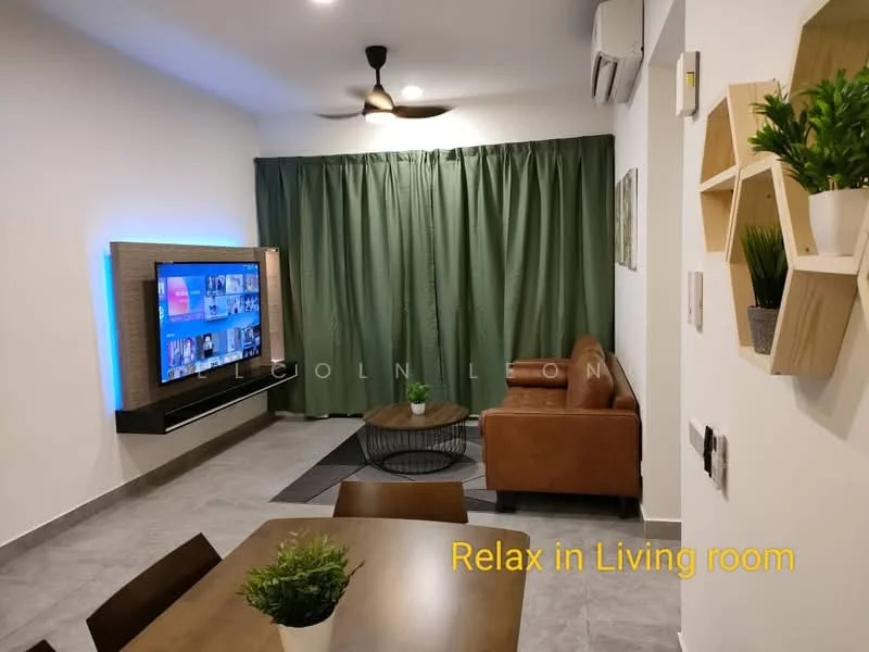 Living features: 3-seater brown leather sofa, round coffee table, wall-mounted TV, light wood TV console, green curtains, grey tiled flooring, ceiling fan, decorative wall shelves with plants, air conditioning unit; style: modern.