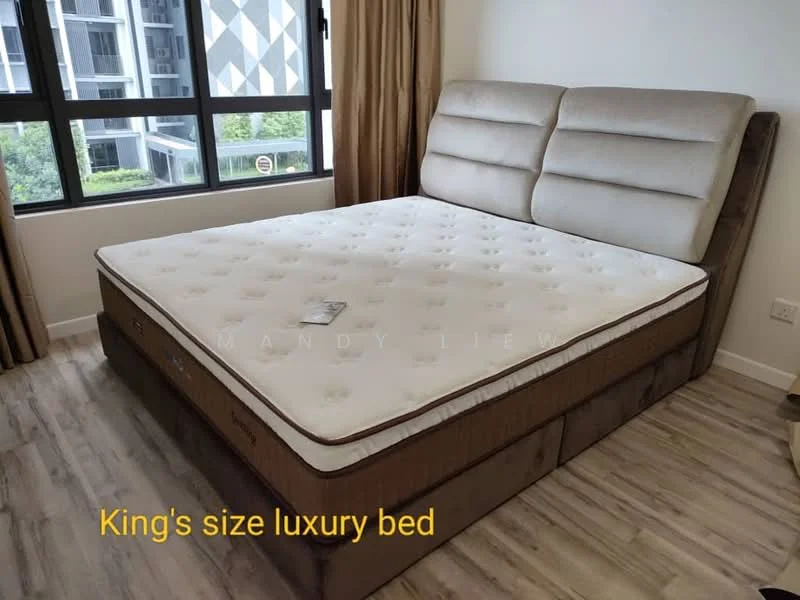 Bedroom features: king-size bed, luxury mattress, upholstered headboard, wooden bed frame, floor-to-ceiling windows, curtains, laminate flooring, decorative wall, natural light; style: modern; view: garden.