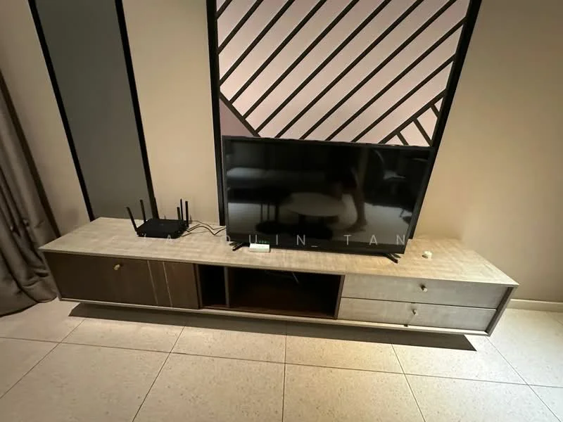 Living features: TV console with drawers, flat-screen TV, router on console, light-colored wood finish, neutral wall color, tile flooring, decorative wall paneling, curtains, seating area visible in reflection; style: modern.