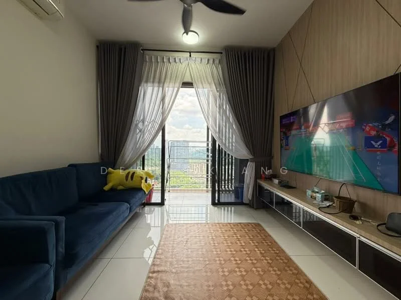 Living features: 3-seater fabric sofa in blue, floor-to-ceiling windows, sheer curtains, blackout curtains, wall-mounted TV, TV console with storage, area rug with geometric pattern, ceiling fan with light, white painted walls, glossy tile flooring; style: modern; view: city.