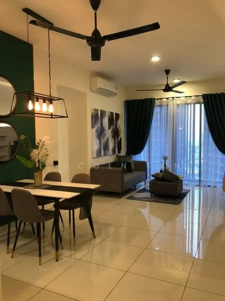 Living features: 3-seater fabric sofa in grey, 2-seater dining table with black legs, 4 upholstered dining chairs, pendant lamp with multiple bulbs, 5-blade ceiling fan, wall-mounted split AC, floor-to-ceiling windows with sheer curtains, green accent wall, decorative mirror, framed artwork, tile flooring, area rug; style: modern; view: city.