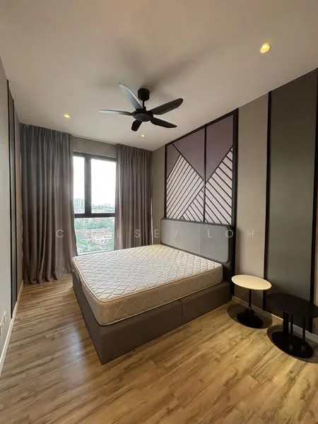 Bedroom features: queen-size bed base, wooden flooring, grey accent wall, geometric patterned wall, floor-to-ceiling window, sheer curtains, 5-blade ceiling fan with light, two bedside tables, decorative wall lighting; style: modern; view: city.