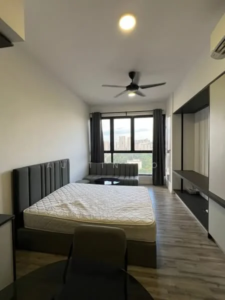 Bedroom features: king-size bed, upholstered headboard, floor-to-ceiling windows, blackout curtains, 5-blade ceiling fan, wooden flooring, built-in wardrobe, wall-mounted TV, study desk, chair; style: modern; view: city.