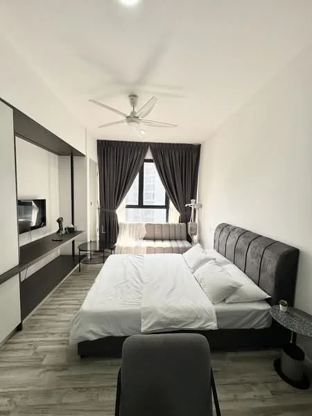 Bedroom features: king-size bed with grey upholstered headboard, white bedding, 2 bedside tables, floor-to-ceiling windows, grey curtains, ceiling fan with light, wall-mounted TV, built-in wardrobe with mirror, wooden flooring, decorative floor lamp, sofa, study desk with chair; style: modern; view: city.