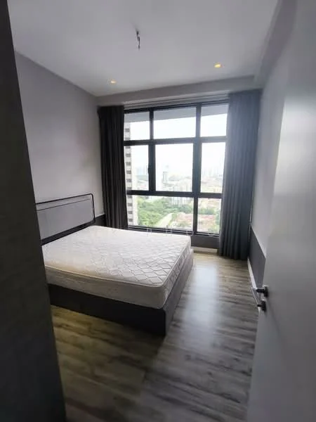 Bedroom features: queen-size bed frame without mattress, floor-to-ceiling windows, grey curtains, light wood laminate flooring, white painted walls, recessed downlights, built-in wardrobe, city view; style: modern; view: city.