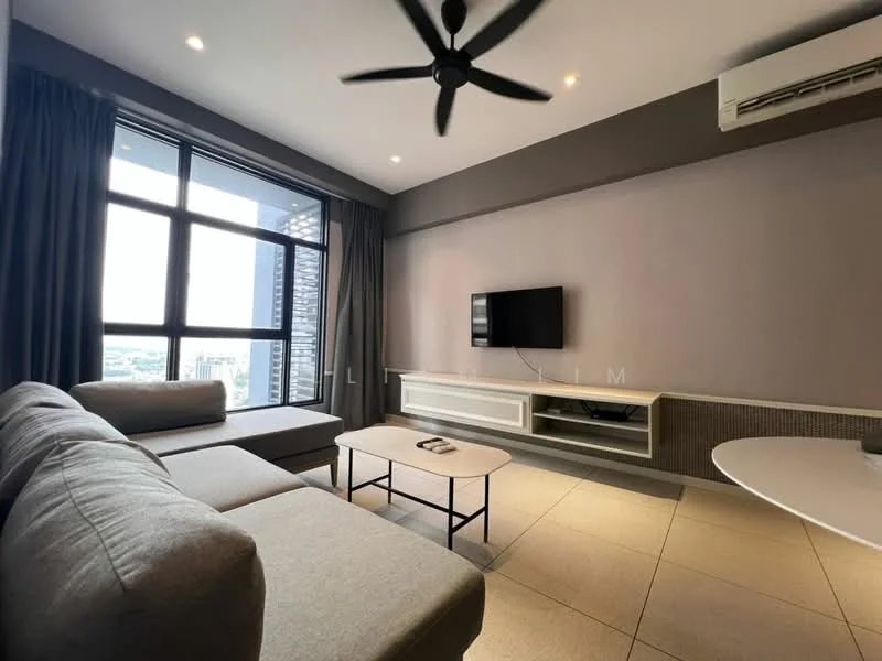 Living features: L-shape sectional sofa in grey, coffee table, wall-mounted TV, TV console, floor-to-ceiling windows, curtains, recessed downlights, ceiling fan, light-colored tile flooring, decorative wall paneling; style: modern; view: city.