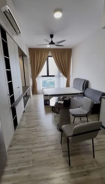 Living features: laminate flooring, white painted walls, floor-to-ceiling windows, curtains, 5-blade ceiling fan with light, sofa with upholstered back, coffee table, TV console, built-in shelving, decorative wall panel, area rug; style: modern; view: city.