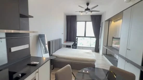 Room features: queen-size bed, upholstered headboard, floor-to-ceiling window, grey curtains, ceiling fan with light, dining table with chairs, black countertop, built-in wardrobe, wall-mounted TV, light-colored wooden flooring; style: modern; view: city.