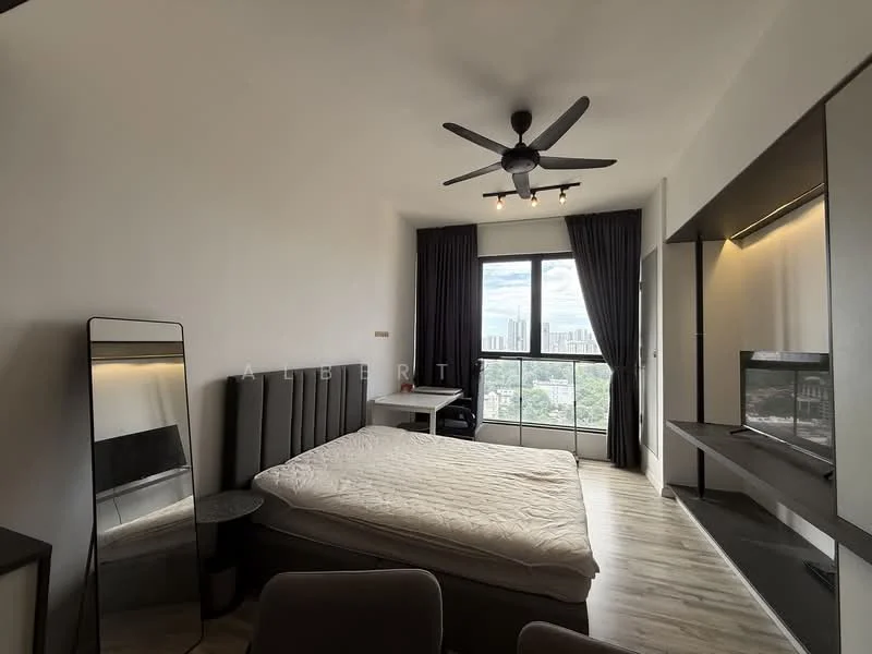 Bedroom features: king-size bed, upholstered headboard, floor-to-ceiling windows, city view, 5-blade ceiling fan with light, wall-mounted TV, built-in wardrobe, mirrored dressing table, wooden flooring, dark curtains; style: modern; view: city.
