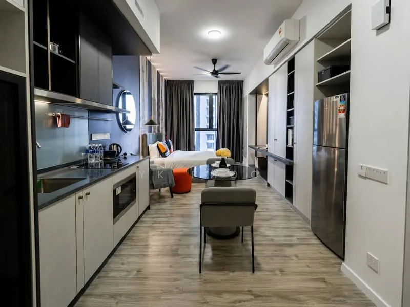 Kitchen features: grey cabinetry, white countertop, stainless-steel sink, chrome pull-down faucet, built-in oven, stainless-steel fridge, 4-burner gas hob, recessed downlights, pendant lamp, wood laminate flooring, floor-to-ceiling windows, ceiling fan; style: modern; view: city. Living features: 2-seater fabric sofa in grey, coffee table, TV console, area rug, decorative wall mirror, wall-mounted TV, dining table for 2, open shelving, curtains, wall clock; style: modern; view: city.