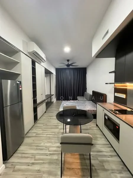 Living features: grey fabric sofa, round dining table, 2 dining chairs, stainless-steel fridge, built-in kitchen cabinetry, black countertop, built-in oven, induction hob, exposed ceiling with ceiling fan, wood-look laminate flooring, black curtains, wall-mounted air conditioning unit; style: modern.