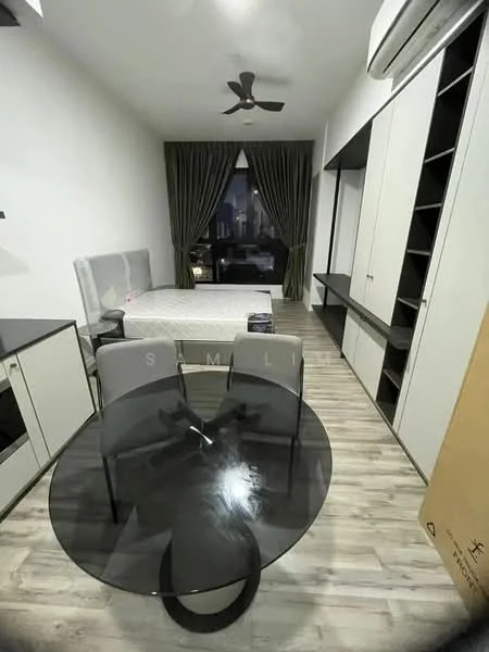 Bedroom features: queen-size bed, upholstered headboard, 2 bedside chairs, glass dining table, 4 chairs, floor-to-ceiling window, blackout curtains, ceiling fan, built-in wardrobe, wooden flooring, wall-mounted shelf, decorative wall panel; style: modern; view: city.