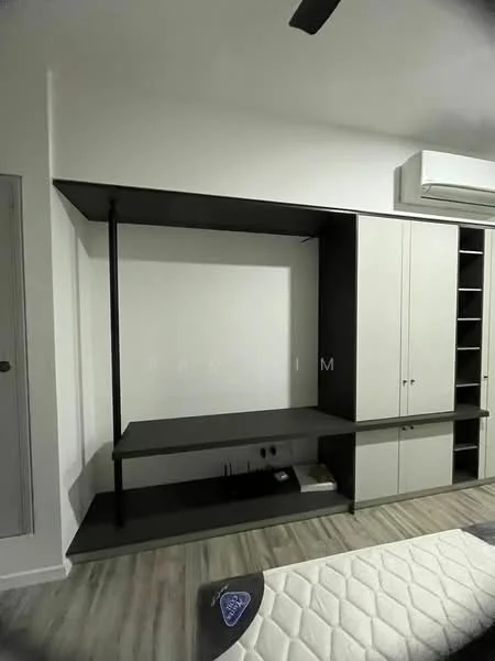 Room features: built-in shelving unit, black laminate surface, light grey cabinetry, open shelving, closed cabinets, wall-mounted air conditioning unit, wooden flooring, neutral wall colour; style: modern.