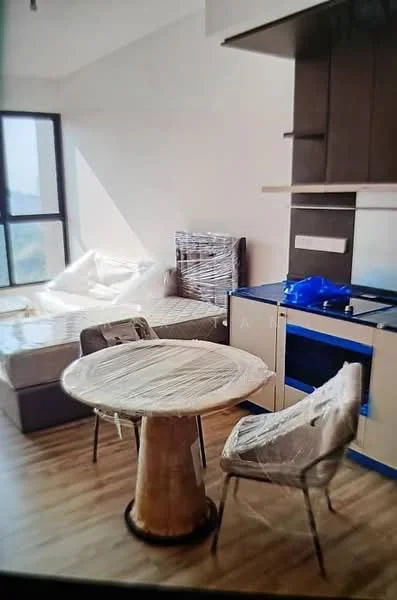 Kitchen features: blue countertop, stainless-steel sink, built-in oven, cabinets with flat-panel design, wooden dining table, two dining chairs, laminate flooring, large window, light-colored walls, exposed ceiling, decorative wall paneling; style: modern; view: city.