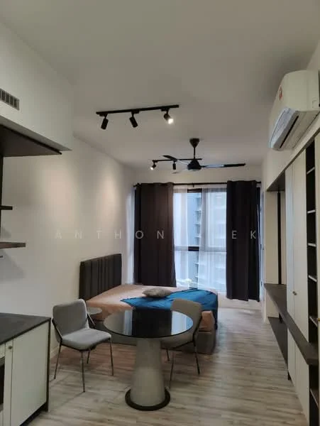 Living features: grey fabric sofa, round dining table, 2 grey dining chairs, wooden flooring, black ceiling fan with light, recessed LED downlights, floor-to-ceiling windows, blackout curtains, wall-mounted air conditioning unit, built-in shelving unit, decorative wall paneling; style: modern.