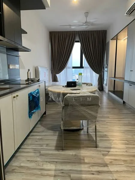 Kitchen features: laminate flooring, white cabinets, black countertop, stainless-steel sink, chrome pull-down faucet, built-in oven, stainless-steel range hood, recessed downlights, ceiling fan, dining table, plastic-covered chairs, curtains, large window; style: modern; view: city.