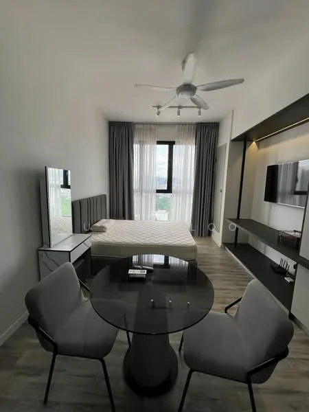 Bedroom features: queen-size bed with white bedding, 2 bedside tables with drawers, wall-mounted TV, black floating shelf, floor-to-ceiling window with sheer curtains, 5-blade ceiling fan, light wood flooring, decorative wall paneling, dressing mirror, round dining table, 2 upholstered chairs; style: modern; view: city.