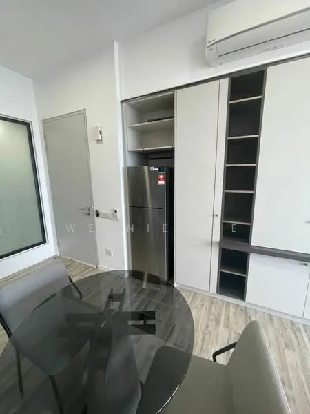 Room features: glass dining table, 4 dining chairs, stainless-steel fridge, built-in cabinetry, open shelving, wall-mounted air conditioning unit, light wood flooring, white painted walls; style: modern.