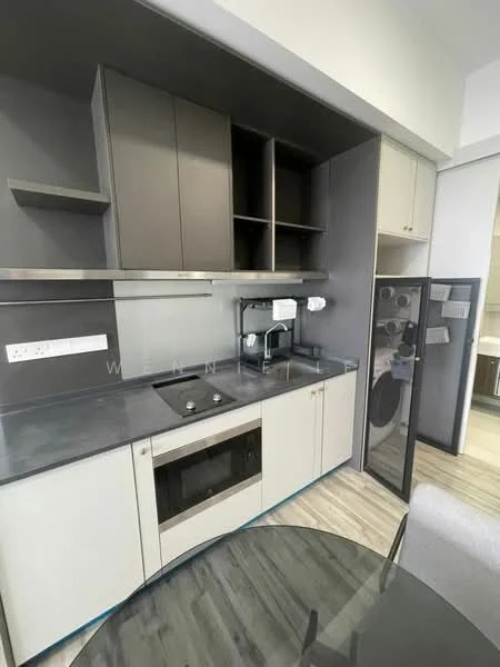 Kitchen features: grey cabinetry, white upper cabinets, grey countertop, single-bowl stainless-steel sink, chrome pull-down faucet, built-in microwave, freestanding refrigerator, glass-front cabinet, kitchen island with seating, ceramic tile flooring, recessed downlights; style: modern.