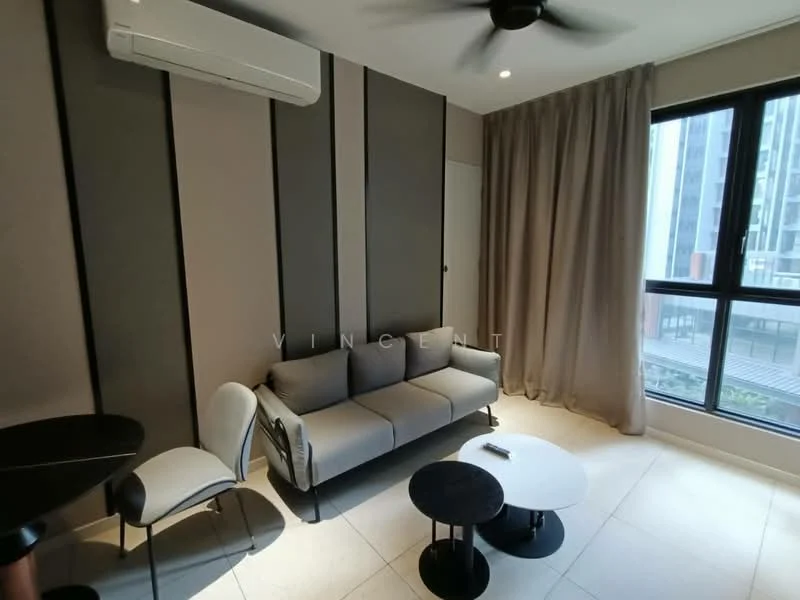 Living features: 3-seater fabric sofa in grey, 2 round black coffee tables, floor-to-ceiling windows, sheer curtains, wall-mounted split AC, light-colored tile flooring, ceiling fan, neutral painted walls, decorative wall panels; style: modern; view: garden.