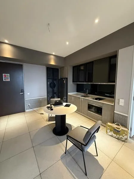 Kitchen features: grey cabinetry, black countertop, stainless-steel sink, chrome pull-down faucet, built-in oven, stainless-steel fridge, ceramic tile flooring, recessed downlights, round dining table, 2 dining chairs, wall-mounted cabinets, black backsplash; style: modern.