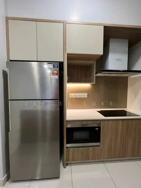 Kitchen features: stainless-steel fridge, built-in microwave, stainless-steel range hood, single-bowl stainless-steel sink, laminate countertop, wood cabinetry, under-cabinet lighting, ceramic tile flooring; style: modern.