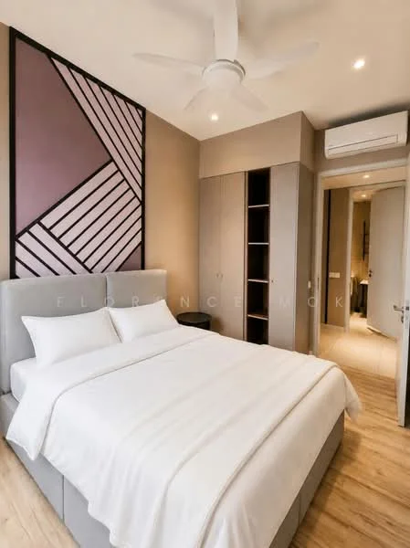 Bedroom features: king-size bed with upholstered headboard, white bedding, light wood flooring, 5-blade ceiling fan, wall-mounted air conditioning unit, built-in wardrobe with sliding doors, decorative wall with geometric pattern, recessed lighting, neutral painted walls, nightstand with lamp; style: modern.