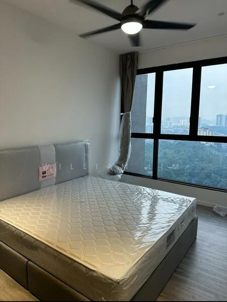 Bedroom features: king-size bed, upholstered headboard, floor-to-ceiling windows, city view, 5-blade ceiling fan with light, curtains, light-colored walls, laminate flooring; style: modern; view: city.