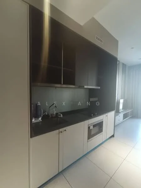 Kitchen features: black granite countertop, white cabinetry with flat-panel doors, built-in microwave, stainless-steel sink, chrome pull-down faucet, glass backsplash, under-cabinet lighting, integrated refrigerator, ceramic tile flooring, recessed downlights; style: modern.