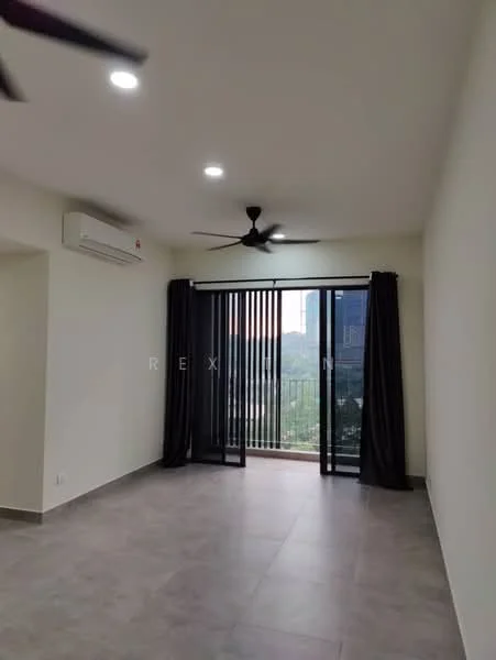Living features: grey tiled flooring, white painted walls, recessed LED downlights, 5-blade ceiling fan, floor-to-ceiling sliding glass door, blackout curtains, balcony view, wall-mounted split AC; style: modern; view: city.