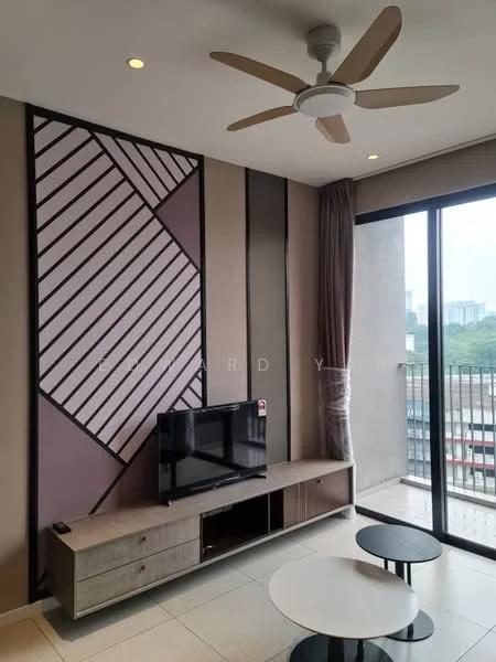 Living features: 5-blade ceiling fan, wall-mounted TV, TV console with storage, decorative accent wall with geometric pattern, floor-to-ceiling windows, curtains, light-colored tiled flooring, round coffee table, small side table; style: modern; view: city.