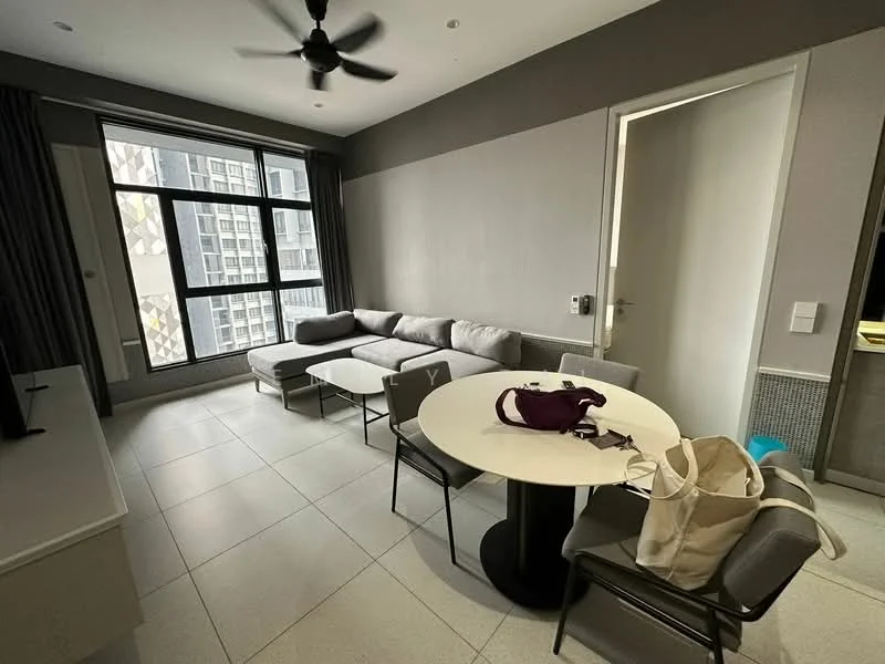 Living features: grey fabric sectional sofa, round dining table, 4 dining chairs, floor-to-ceiling windows, grey curtains, ceiling fan, light grey tiled flooring, wall-mounted TV console, decorative wall panel, white walls; style: modern; view: city.