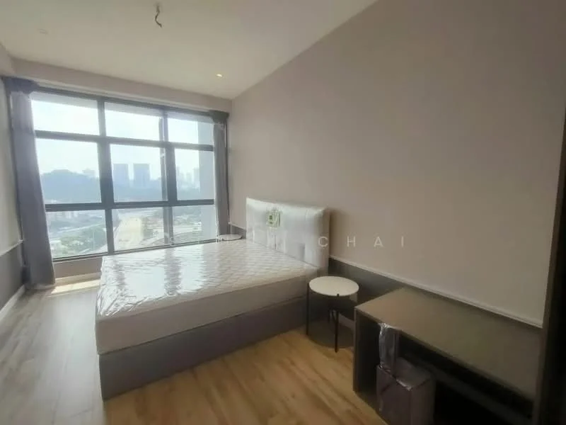 Bedroom features: queen-size bed, upholstered headboard, nightstand, wooden flooring, floor-to-ceiling windows, city view, curtains, wall-mounted light fixture; style: modern; view: city.