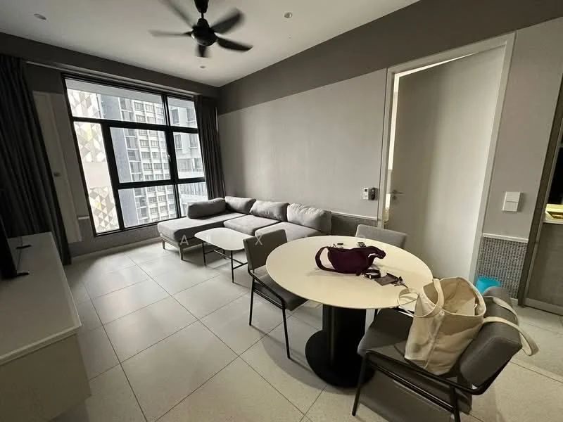 Living features: grey fabric sectional sofa, round dining table, 4 dining chairs, ceiling fan, floor-to-ceiling windows, light grey walls, light grey tiled flooring, curtains, TV console, decorative wall paneling; style: modern; view: city.