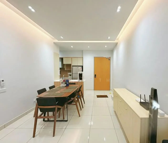 Dining features: rectangular dining table, 4 black dining chairs, wooden sideboard, white walls, recessed LED downlights, tile flooring, door leading to hallway, open kitchen area visible, decorative table runner; style: modern. Kitchen features: stainless-steel fridge, built-in cabinets, countertop, microwave, kitchen appliances visible; style: modern.