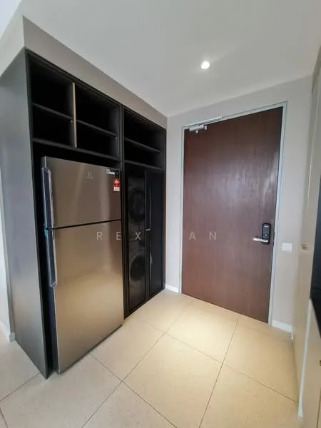 Room features: stainless-steel fridge, black cabinet with open shelving, brown wooden door, light-colored tile flooring, recessed ceiling lights, dark cabinetry, washer and dryer unit, neutral wall color; style: modern.