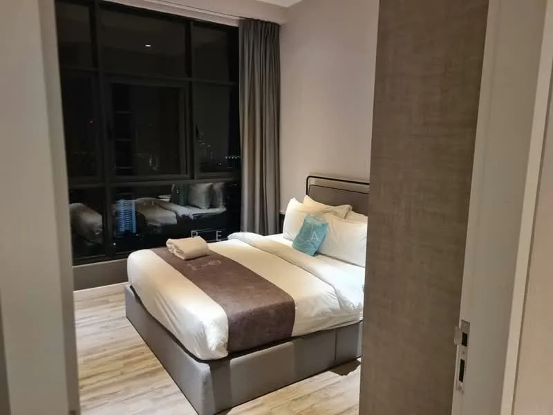 Bedroom features: king-size bed, upholstered headboard, white bedding, decorative pillow, wooden flooring, floor-to-ceiling windows, curtains, nightstand, table lamp; style: modern; view: city.