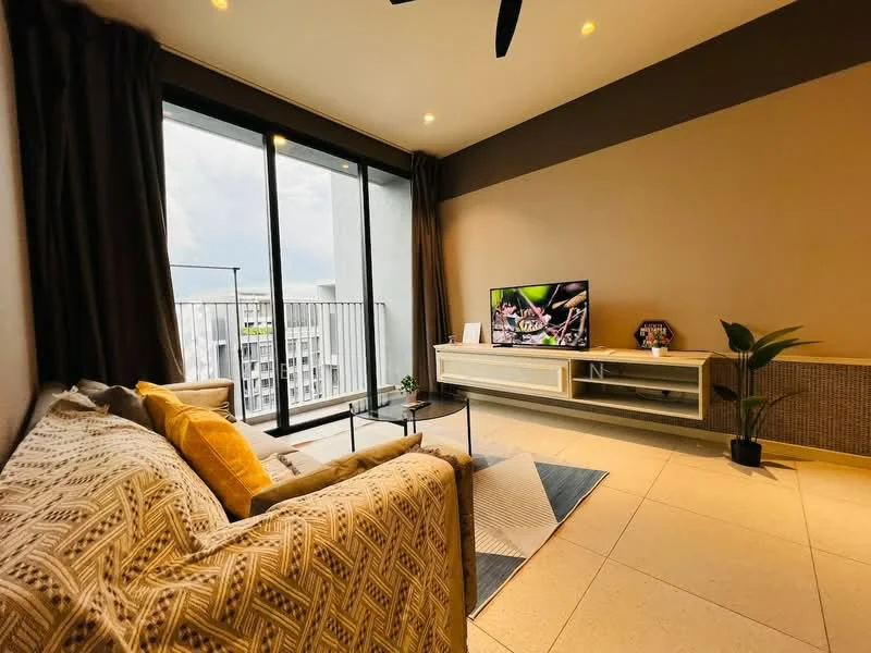 Living features: 3-seater fabric sofa in beige with patterned throw, coffee table, wall-mounted TV, TV console with storage, floor-to-ceiling windows, sliding glass door, curtains, light-colored tile flooring, recessed downlights, decorative plant in pot, area rug with geometric pattern; style: modern; view: city.