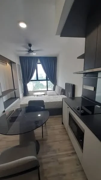 Living features: grey fabric sofa, round coffee table, floor-to-ceiling windows, grey curtains, 5-blade ceiling fan with light, laminate flooring, wall-mounted TV, open shelving unit, kitchenette with black countertop, built-in microwave, stainless-steel sink, chrome pull-down faucet; style: modern; view: city.