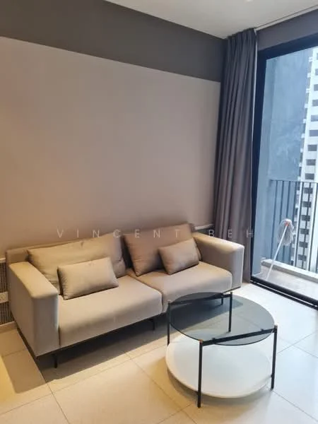Living features: light grey fabric 3-seater sofa, 2 decorative cushions, round glass coffee table with black metal frame, floor-to-ceiling windows, grey painted walls, white tiled flooring, sheer curtains, balcony view; style: modern; view: city.