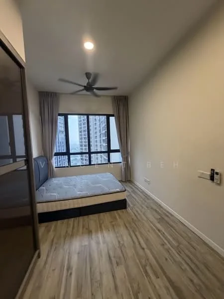 Bedroom features: wooden flooring, white painted walls, 5-blade ceiling fan with light, floor-to-ceiling windows, curtains, queen-size bed base, built-in wardrobe, city view; style: modern; view: city.