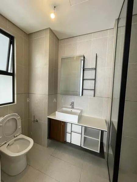 Bathroom features: wall-mounted sink with cabinet, chrome basin mixer faucet, one-piece toilet, framed mirror, glass shower enclosure, tile cladding on walls, grey ceramic tile flooring, black metal shelving unit, window for natural light, recessed ceiling light; style: modern.