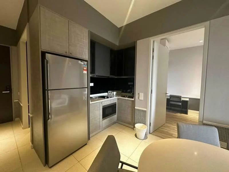 Kitchen features: stainless-steel fridge, built-in microwave, ceramic cooktop, black countertop, grey cabinetry, white tiled backsplash, sink, kitchen island with seating, tile flooring, recessed downlights; style: modern.