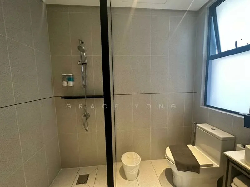 Bathroom features: walk-in shower with glass enclosure, rain shower head, handheld shower, grey tile cladding on walls, white floor tiles, one-piece toilet, white vanity with storage, mirror above vanity, window for natural light; style: modern.