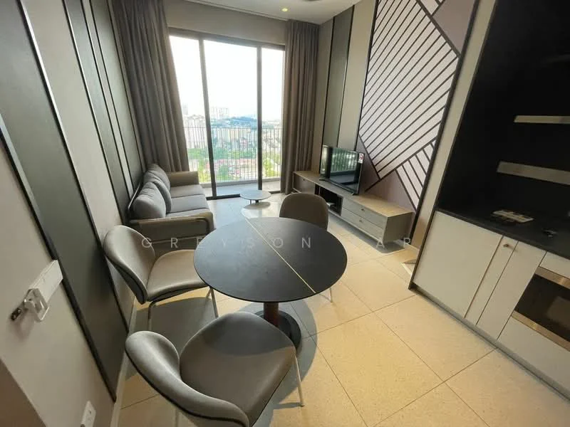 Living features: 3-seater fabric sofa in grey, coffee table with black surface, TV console, wall-mounted TV, floor-to-ceiling windows, curtains, tile flooring, decorative wall with geometric pattern, built-in cabinetry, light fixtures; style: modern; view: city.