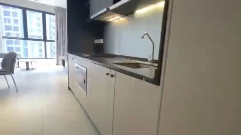 Kitchen features: single-bowl stainless-steel sink, chrome pull-down faucet, black countertop, white cabinetry, built-in oven, stainless-steel refrigerator, ceramic tile flooring, recessed LED downlights, floor-to-ceiling windows, curtains, open layout, dining table, chairs; style: modern; view: city.