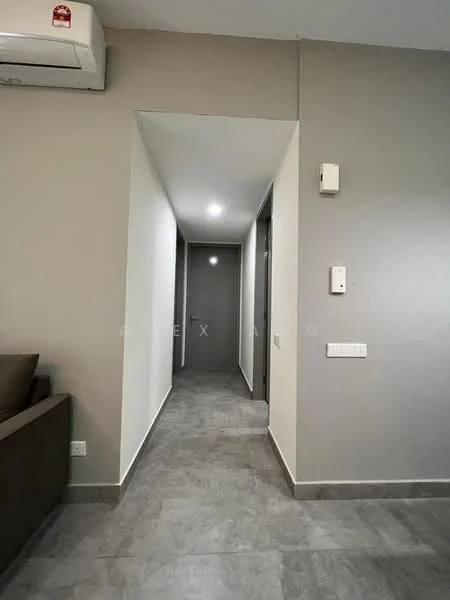 Room features: grey tiled flooring, light grey painted walls, recessed downlights, wall-mounted split AC, doorway leading to hallway, plain ceiling, light switch, intercom panel; style: modern.