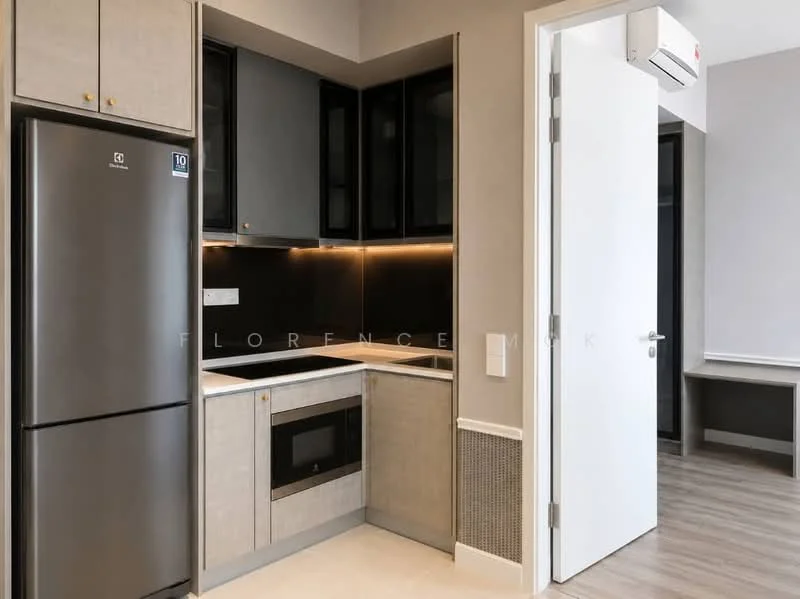 Kitchen features: stainless-steel fridge, built-in microwave, grey cabinetry, black countertop, white backsplash, recessed lighting, wall-mounted split AC, drawer storage, open shelving; style: modern.